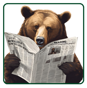 Rear view of bear wearing a backpack 